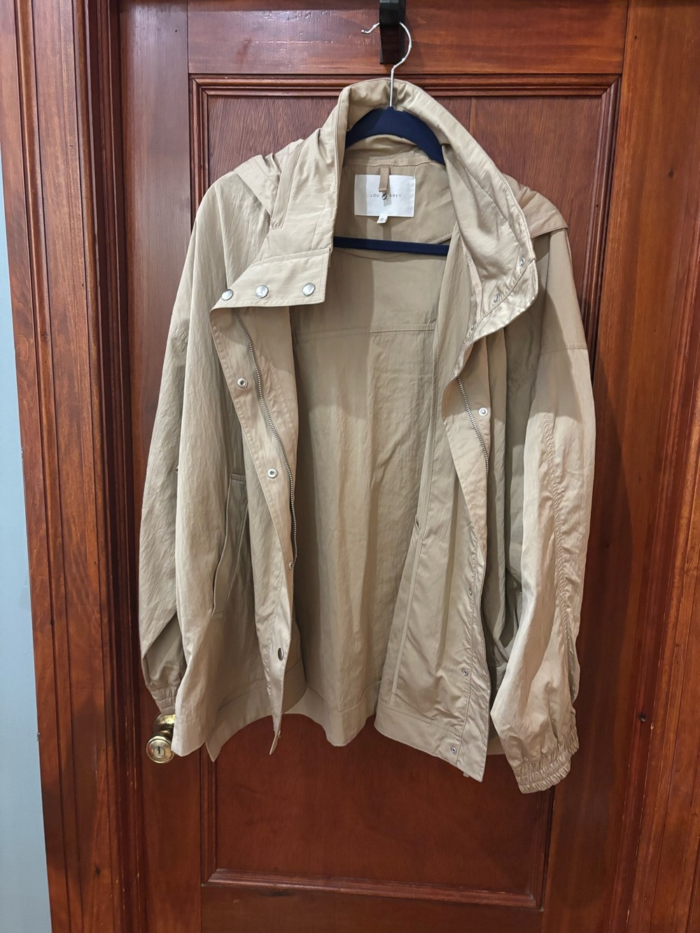 Lou & Grey Beige Hooded Windbreaker Utility Jacket Snap Front Zip Lightweight XL